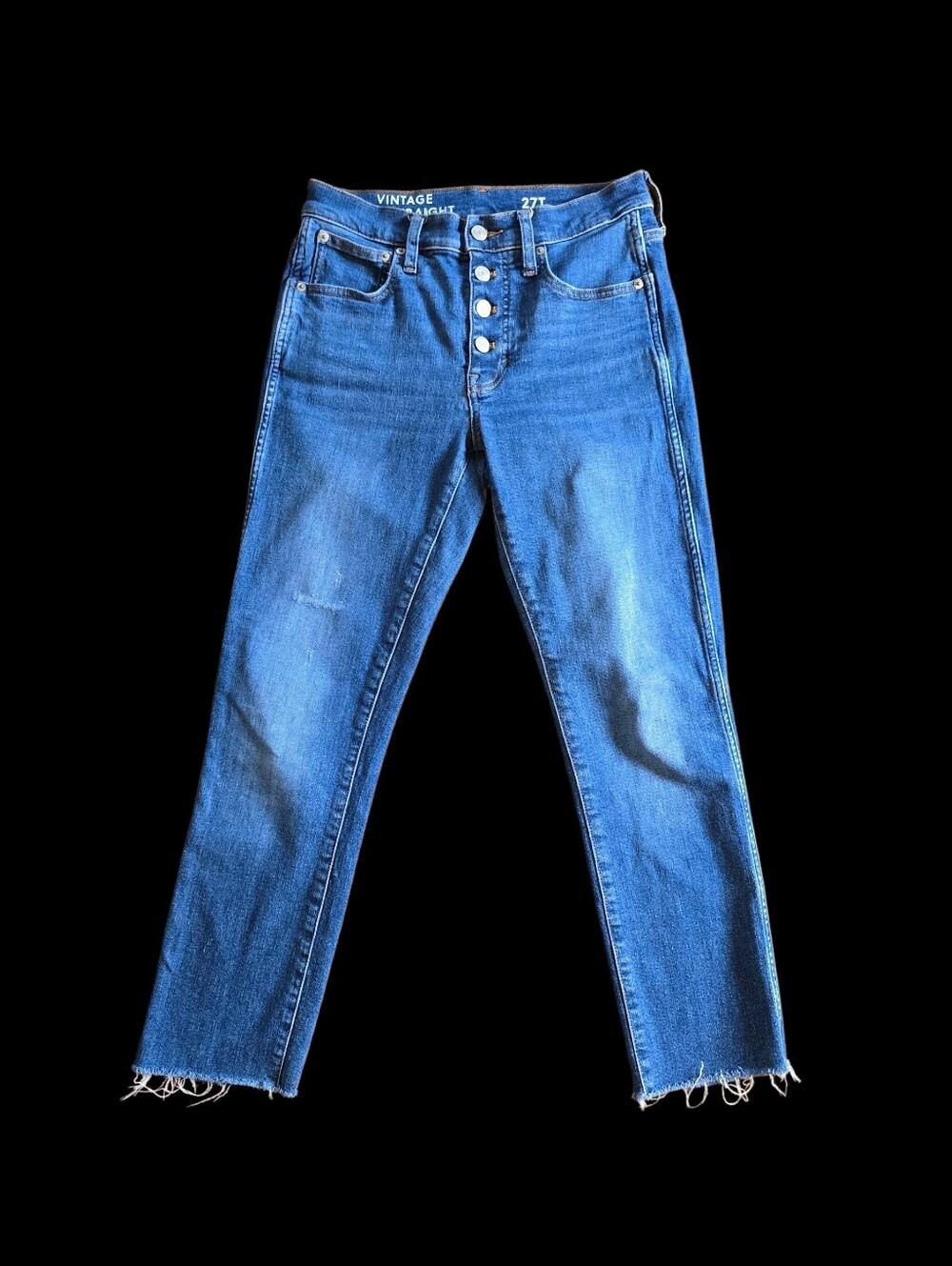 J.Crew Vintage Slim Straight Jeans 27T Tall Button Fly Distressed Raw Hem